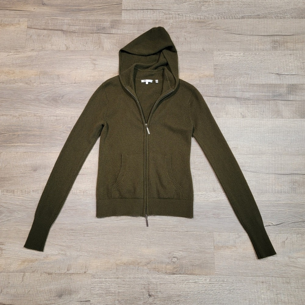 Vince Womens Medium Green Cashmere Full Zip Hooded Sweater Jacket Olive *Holes*